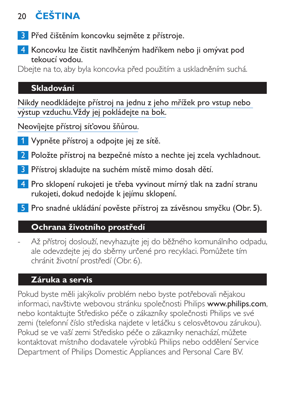 Skladování, Ochrana životního prostředí, Záruka a servis | Philips HP 4940 User Manual | Page 20 / 96