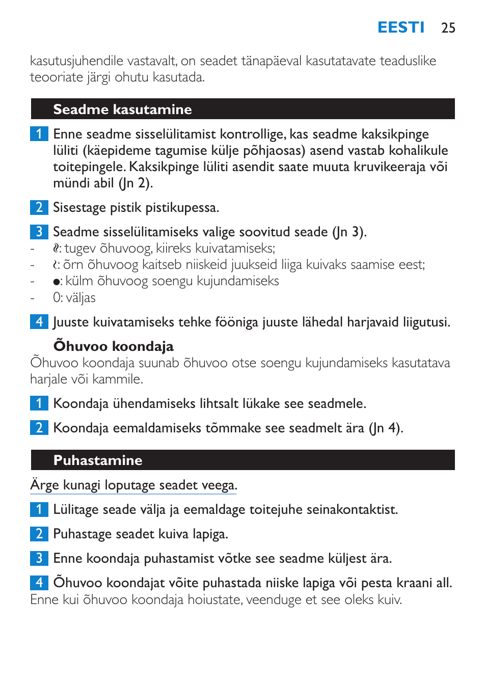Õhuvoo koondaja, Seadme kasutamine, Puhastamine | Philips HP 4940 User Manual | Page 25 / 96
