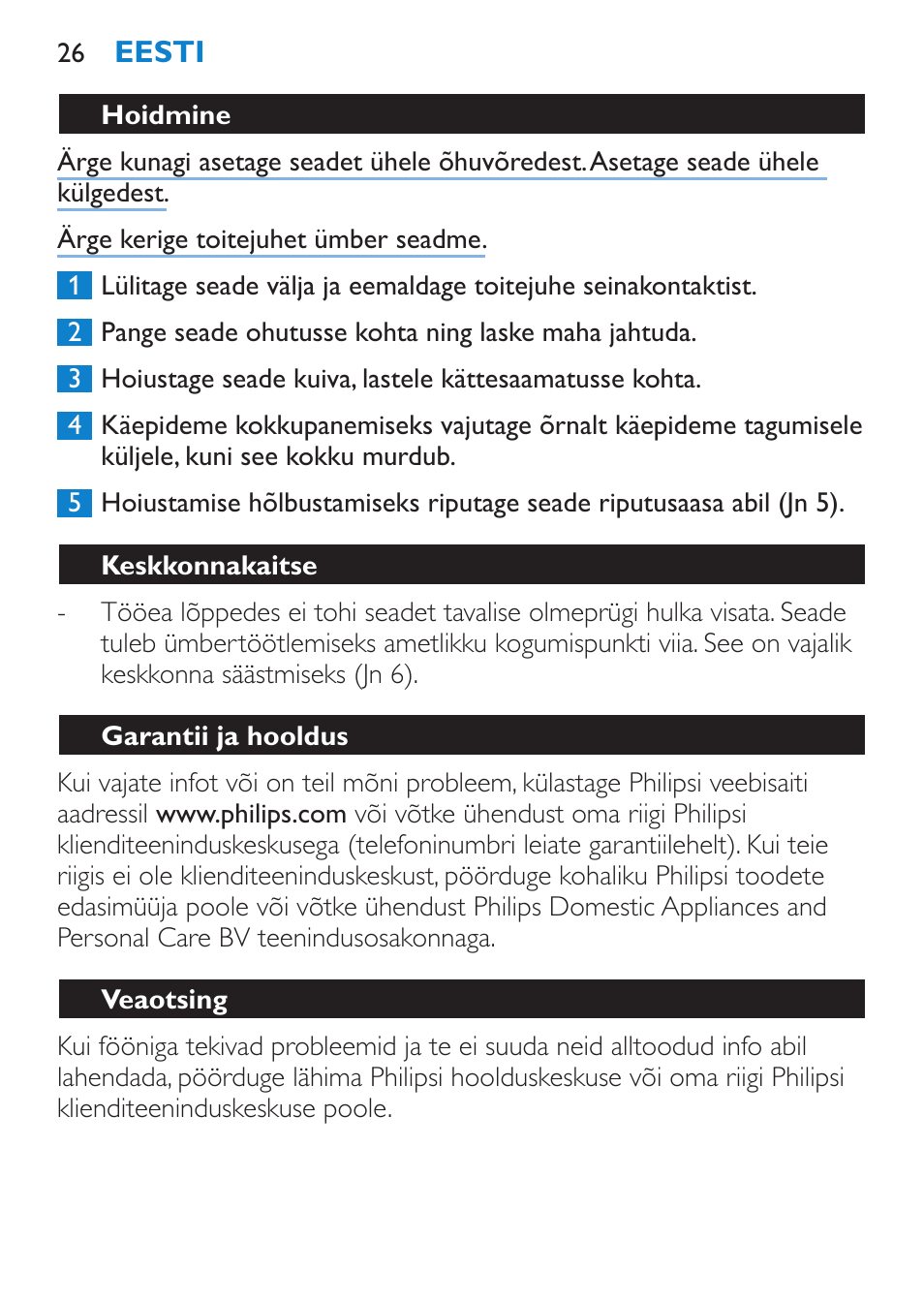 Hoidmine, Keskkonnakaitse, Garantii ja hooldus | Veaotsing | Philips HP 4940 User Manual | Page 26 / 96