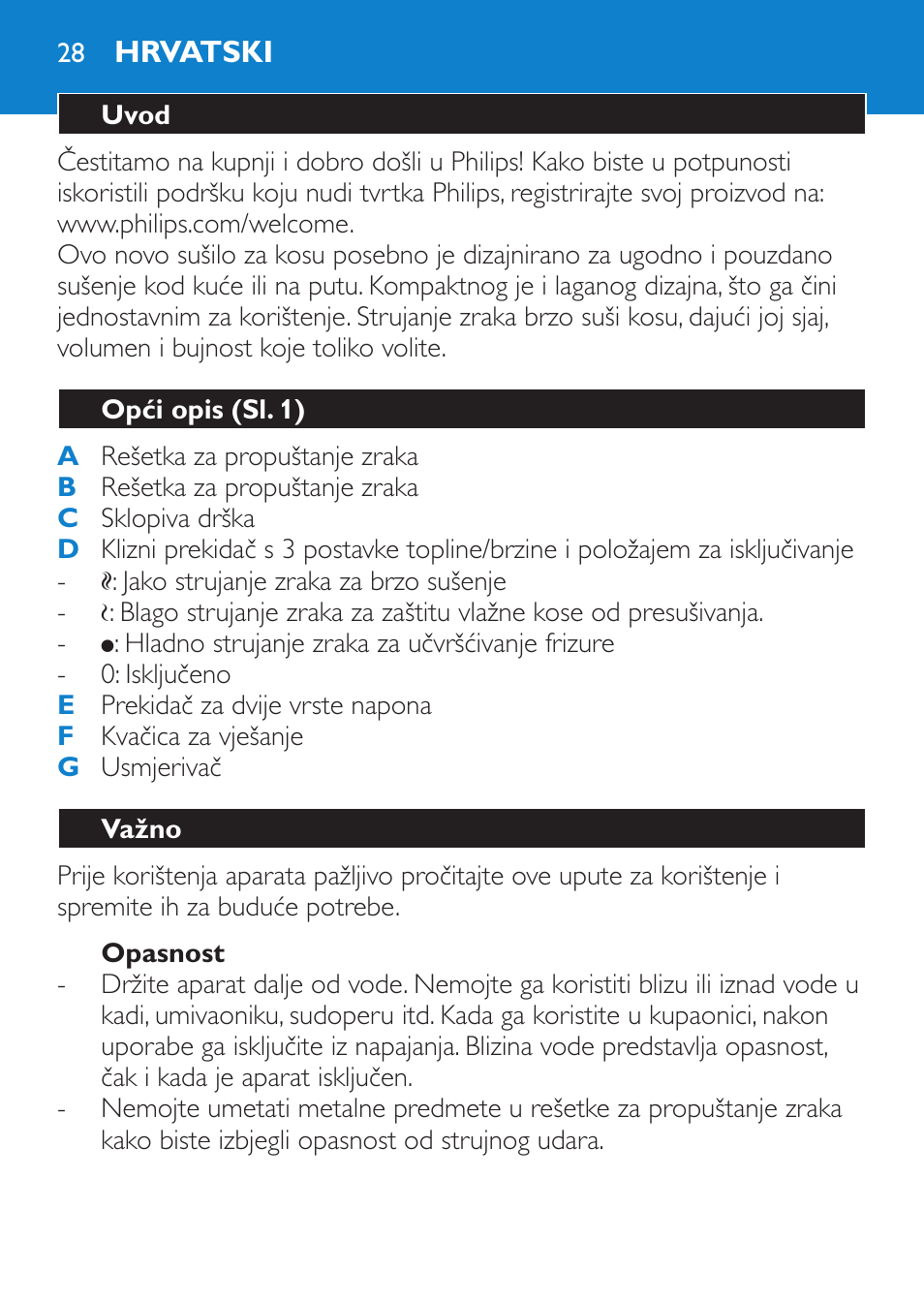 Opasnost, Hrvatski, Uvod | Opći opis (sl. 1), Važno | Philips HP 4940 User Manual | Page 28 / 96
