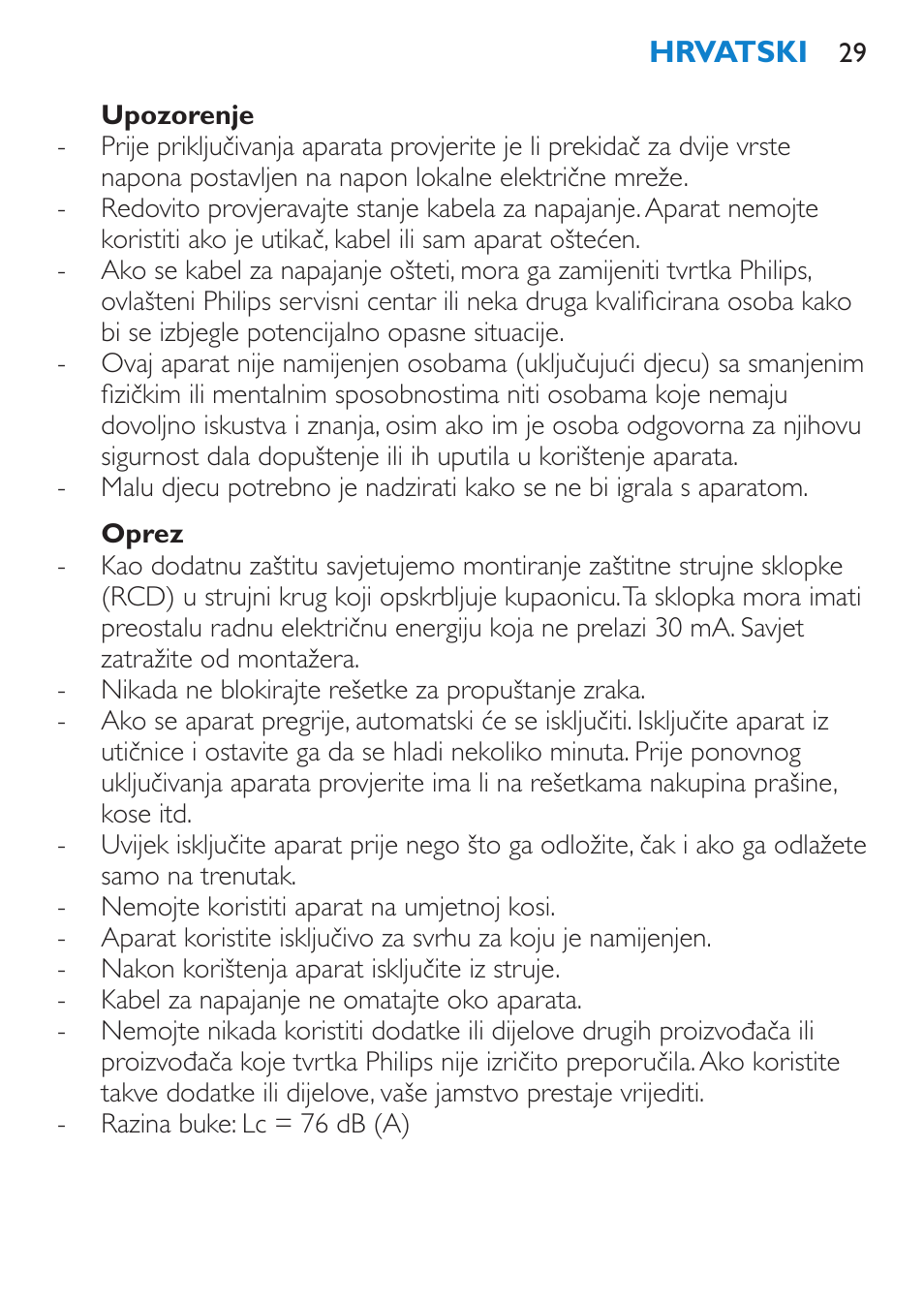 Upozorenje, Oprez | Philips HP 4940 User Manual | Page 29 / 96