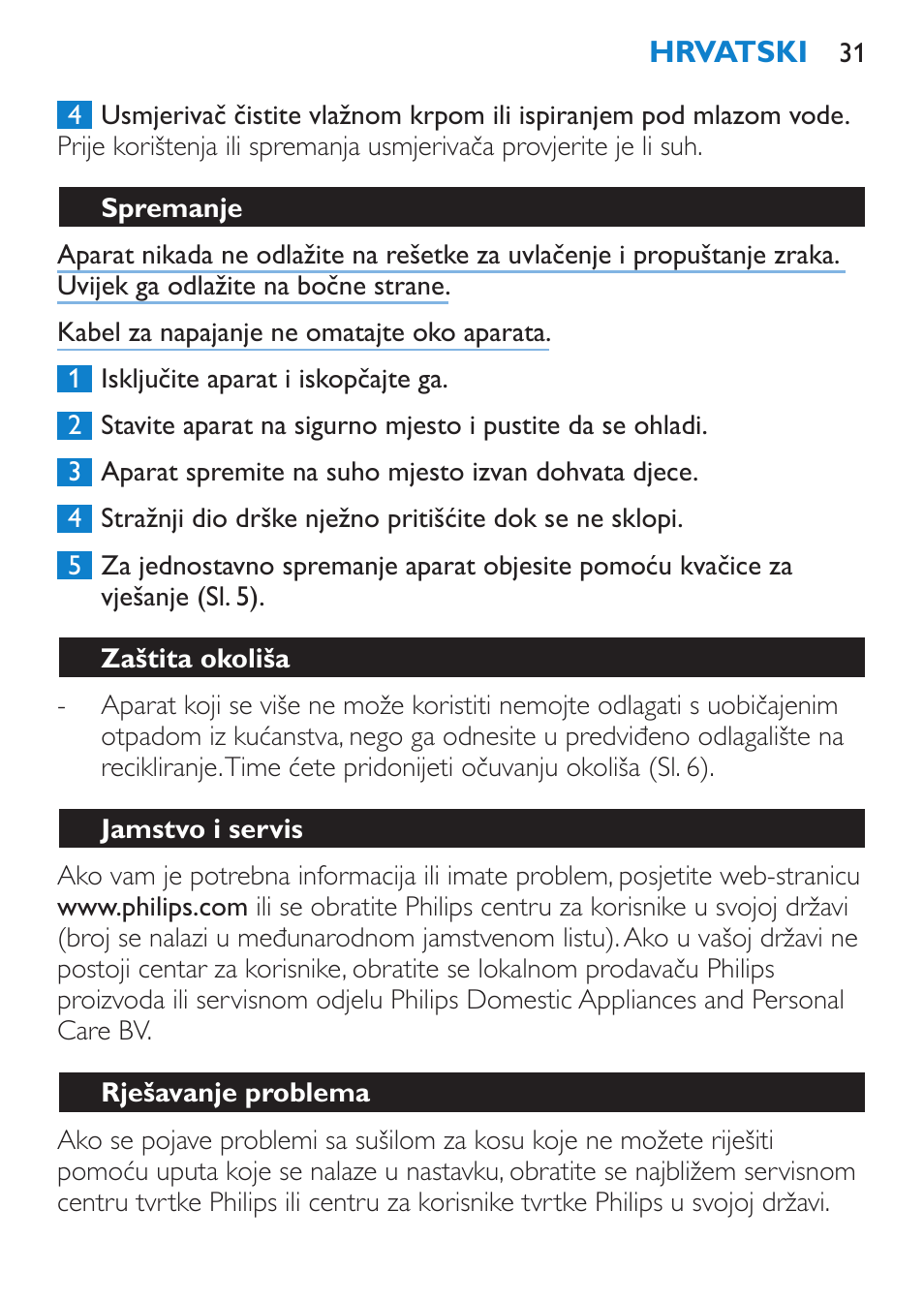 Spremanje, Zaštita okoliša, Jamstvo i servis | Rješavanje problema | Philips HP 4940 User Manual | Page 31 / 96
