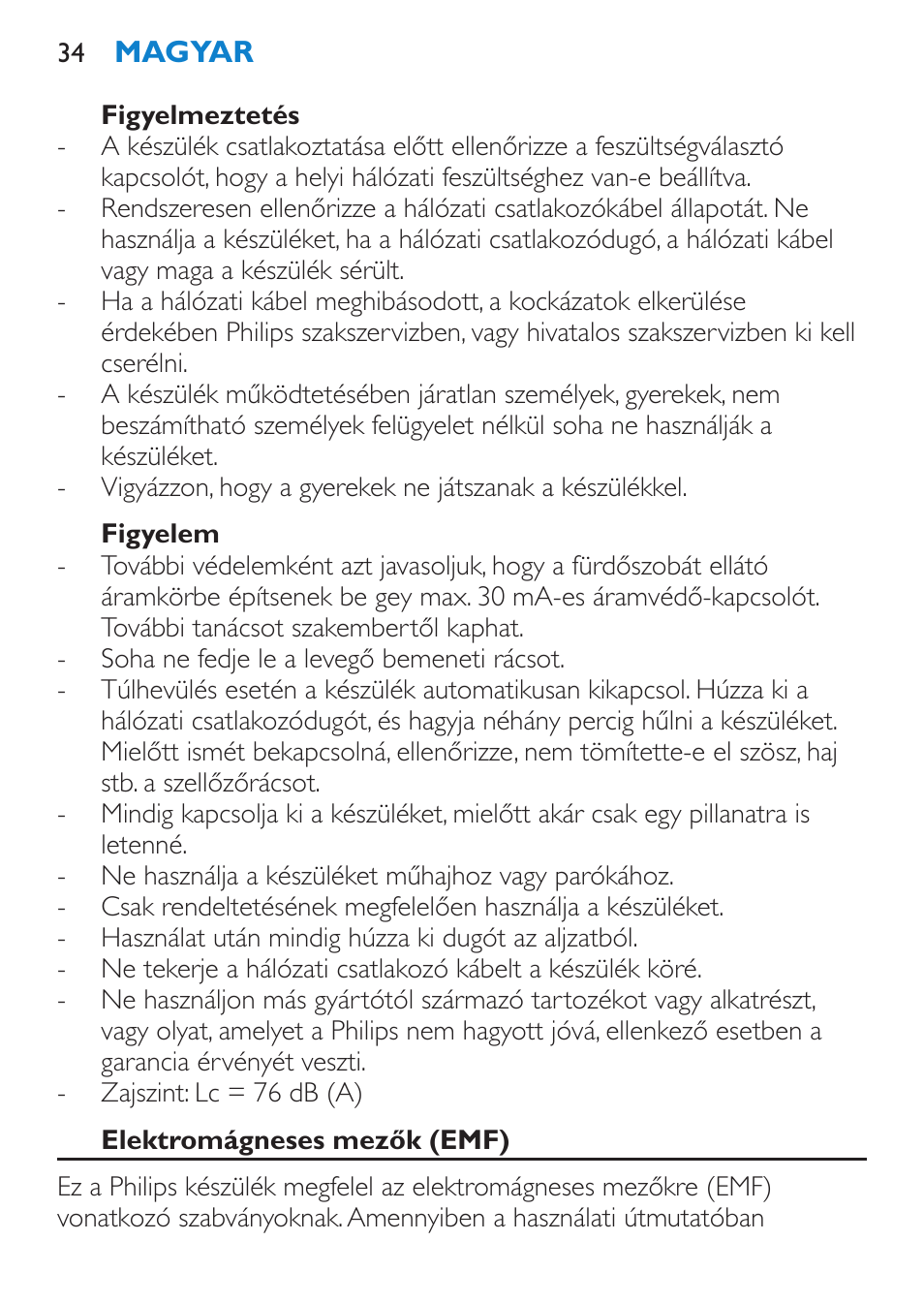 Figyelmeztetés, Figyelem, Elektromágneses mezők (emf) | Philips HP 4940 User Manual | Page 34 / 96
