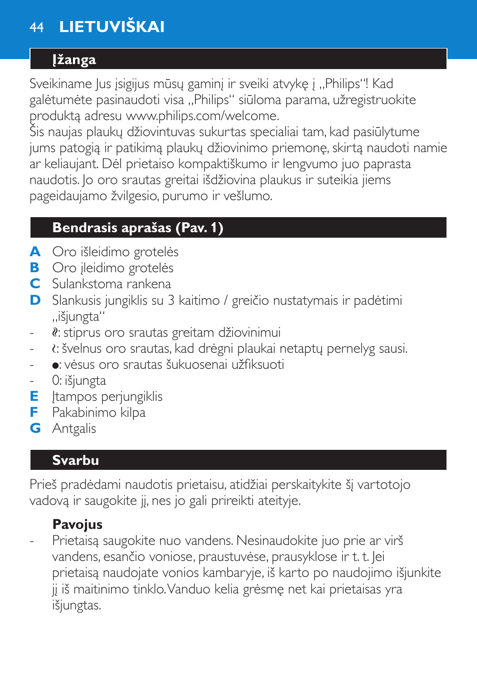 Pavojus, Lietuviškai, Įžanga | Bendrasis aprašas (pav. 1), Svarbu | Philips HP 4940 User Manual | Page 44 / 96