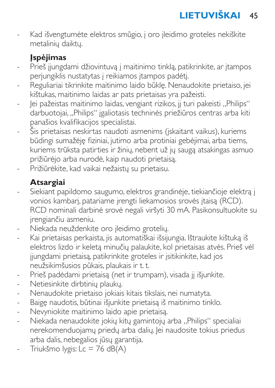 Įspėjimas, Atsargiai | Philips HP 4940 User Manual | Page 45 / 96