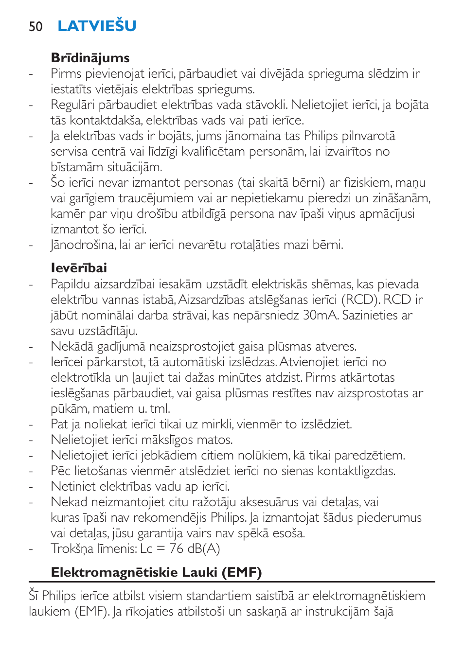 Brīdinājums, Ievērībai, Elektromagnētiskie lauki (emf) | Philips HP 4940 User Manual | Page 50 / 96