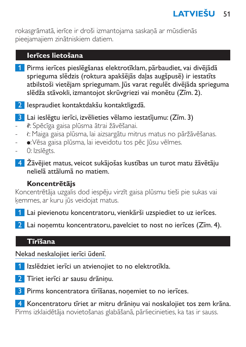 Koncentrētājs, Ierīces lietošana, Tīrīšana | Philips HP 4940 User Manual | Page 51 / 96