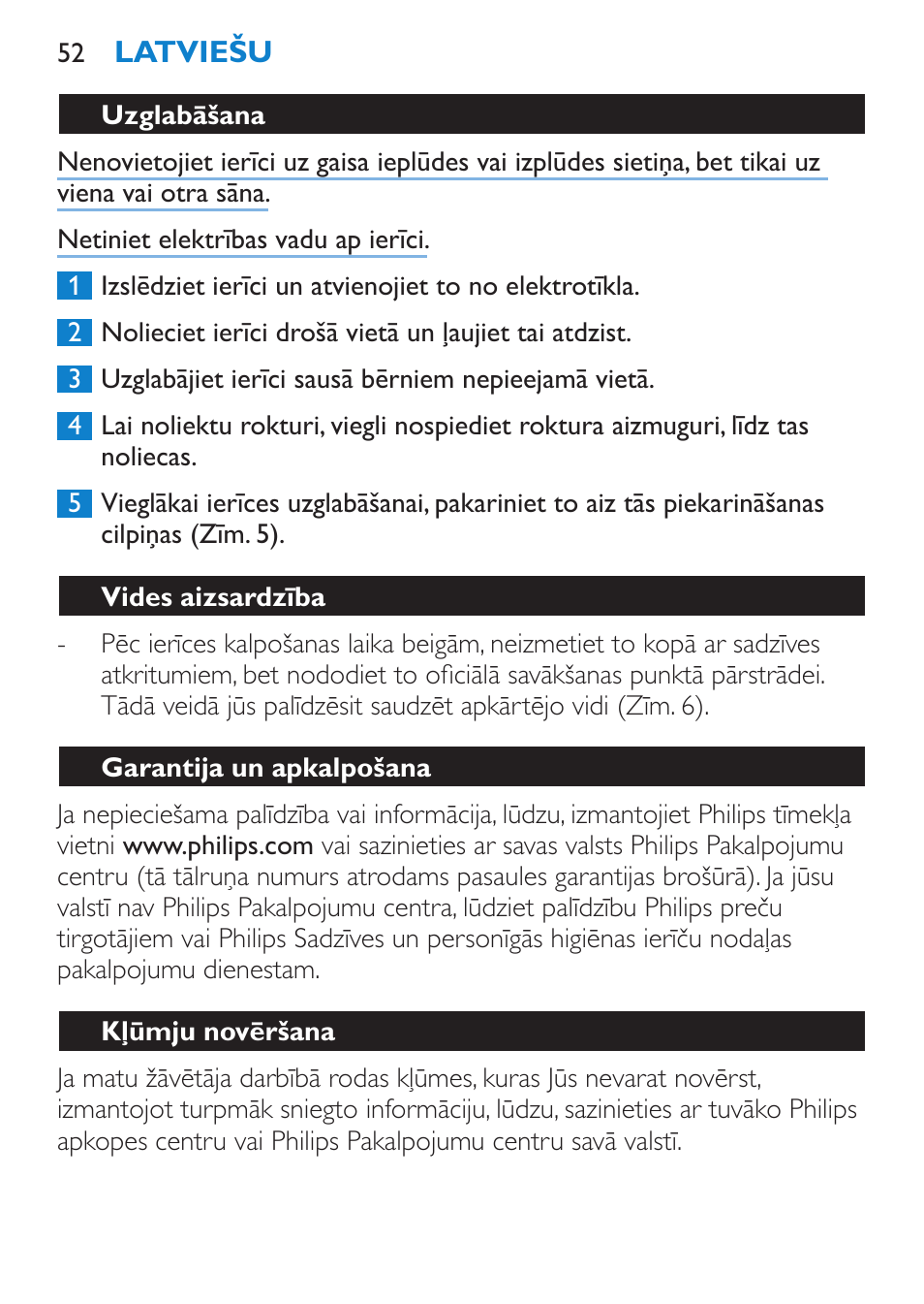 Uzglabāšana, Vides aizsardzība, Garantija un apkalpošana | Kļūmju novēršana | Philips HP 4940 User Manual | Page 52 / 96