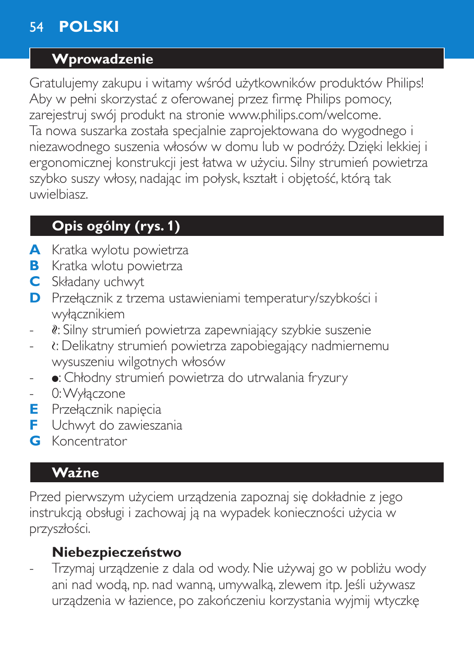 Niebezpieczeństwo, Polski, Wprowadzenie | Opis ogólny (rys. 1), Ważne | Philips HP 4940 User Manual | Page 54 / 96
