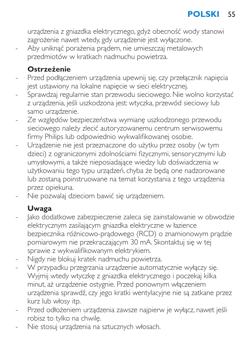 Ostrzeżenie, Uwaga | Philips HP 4940 User Manual | Page 55 / 96
