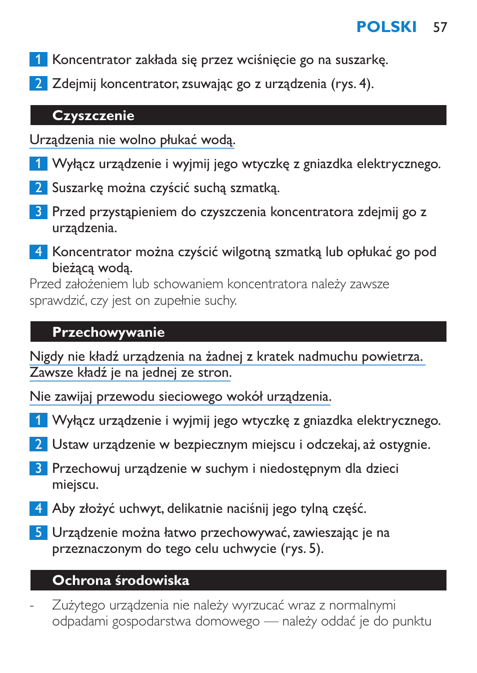 Czyszczenie, Przechowywanie, Ochrona środowiska | Philips HP 4940 User Manual | Page 57 / 96