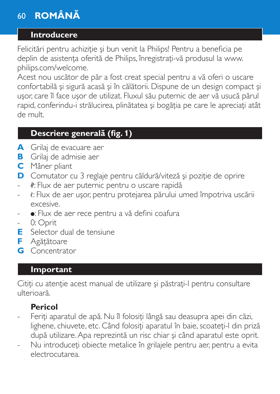 Pericol, Română, Introducere | Descriere generală (fig. 1), Important | Philips HP 4940 User Manual | Page 60 / 96