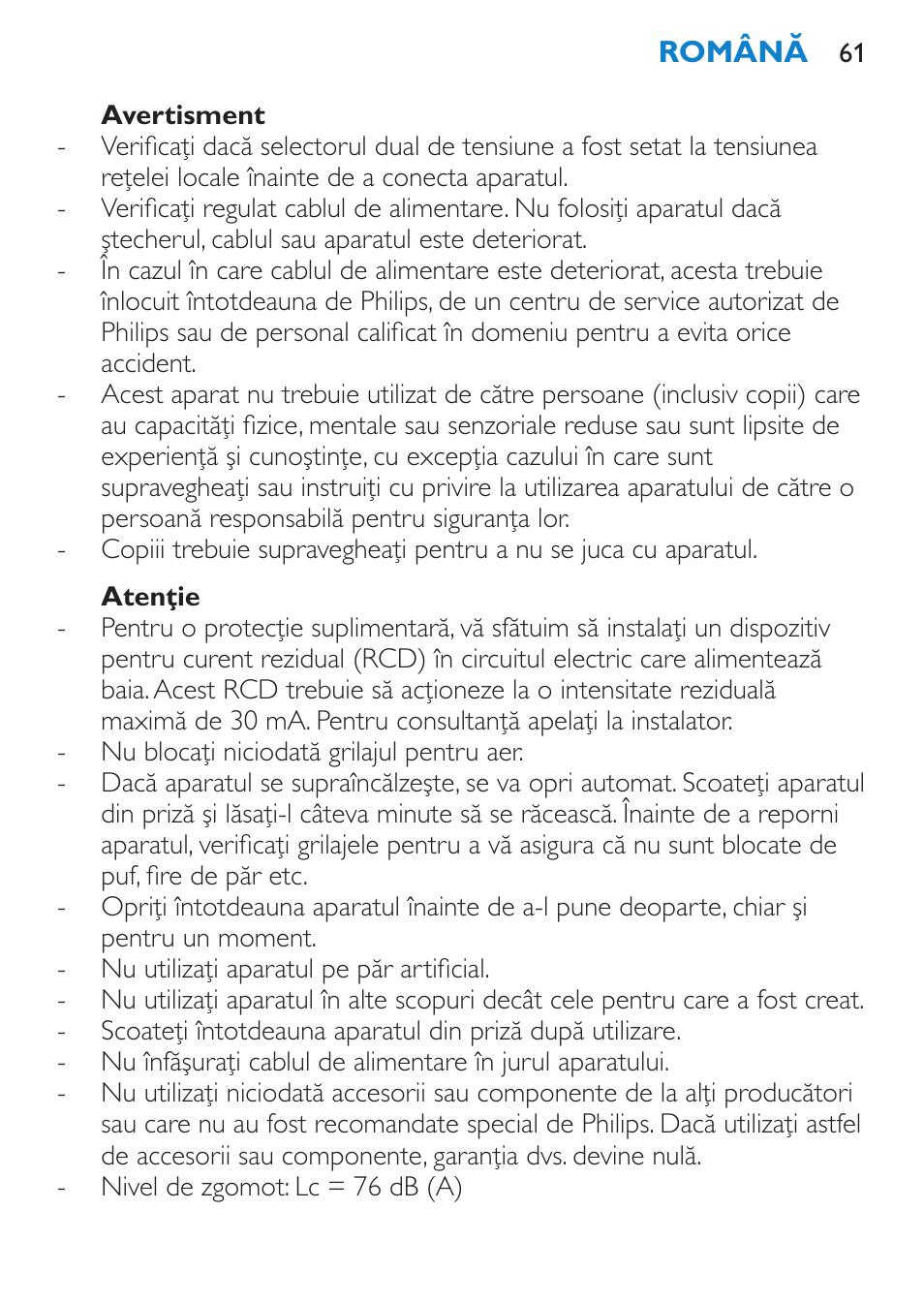 Avertisment, Atenţie | Philips HP 4940 User Manual | Page 61 / 96