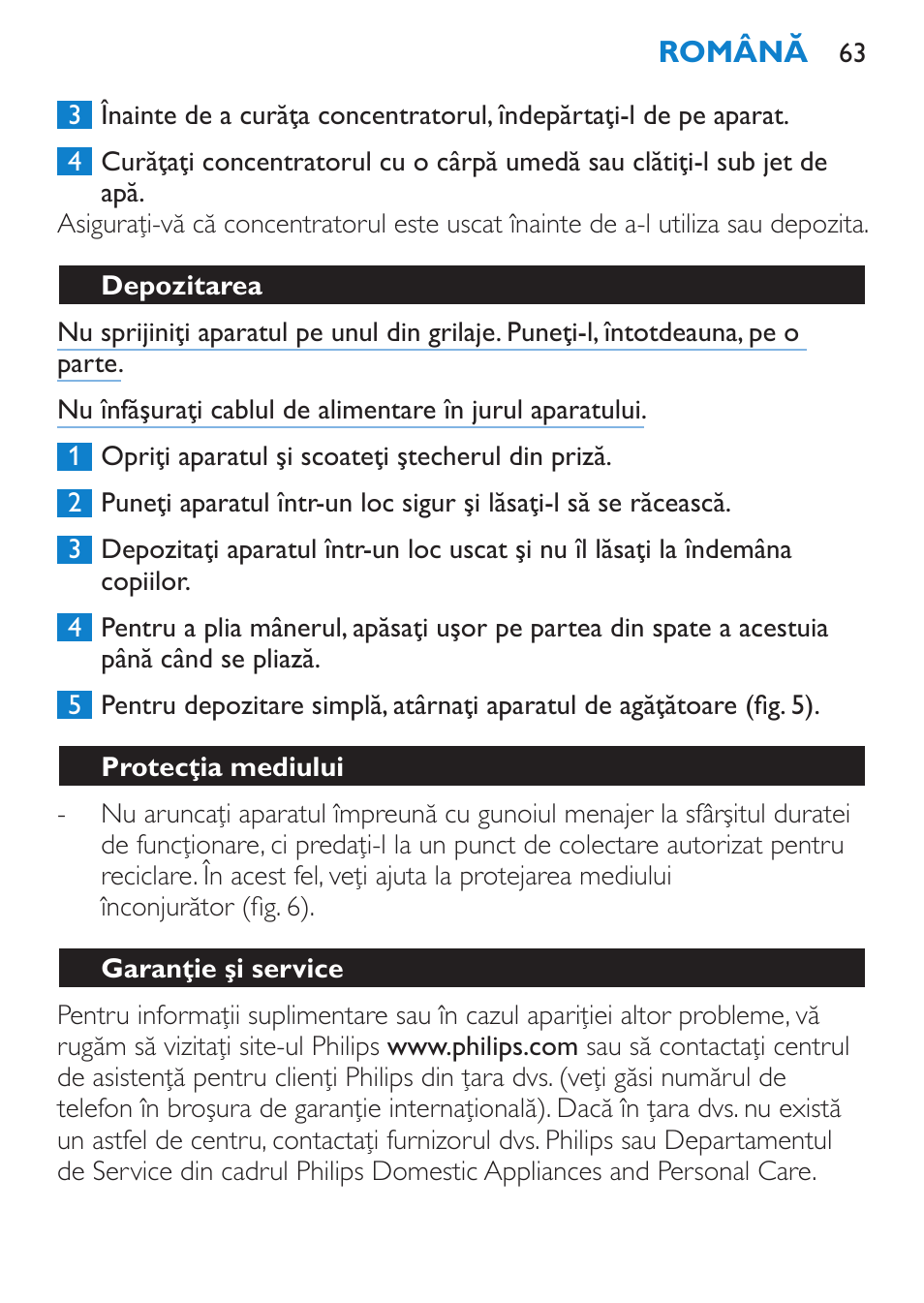 Depozitarea, Protecţia mediului, Garanţie şi service | Philips HP 4940 User Manual | Page 63 / 96