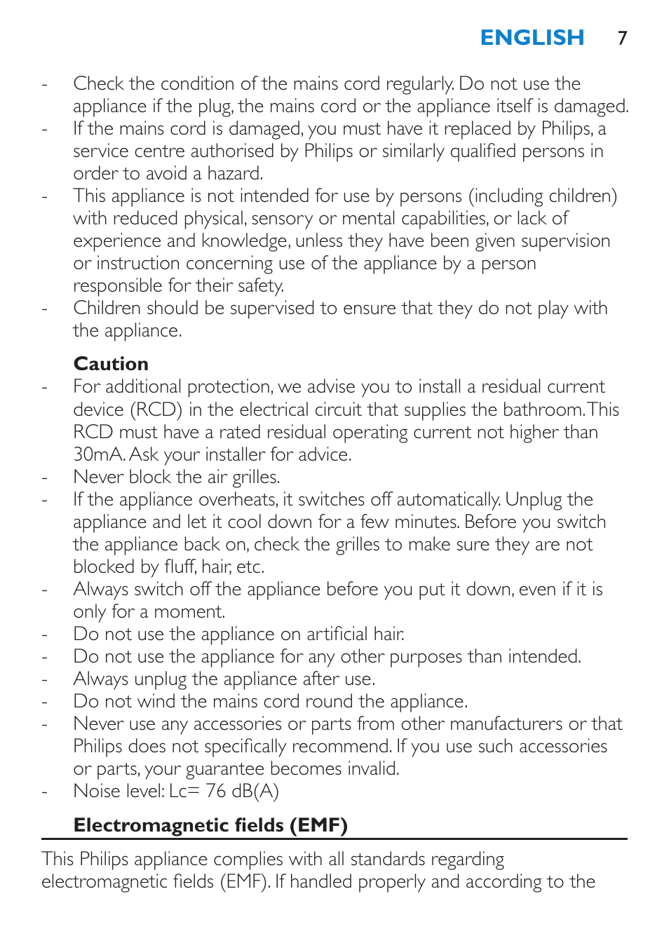 Caution, Electromagnetic fields (emf) | Philips HP 4940 User Manual | Page 7 / 96