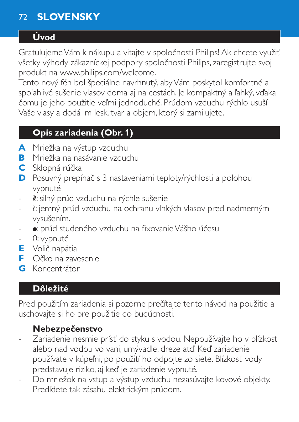 Nebezpečenstvo, Slovensky, Úvod | Opis zariadenia (obr. 1), Dôležité | Philips HP 4940 User Manual | Page 72 / 96