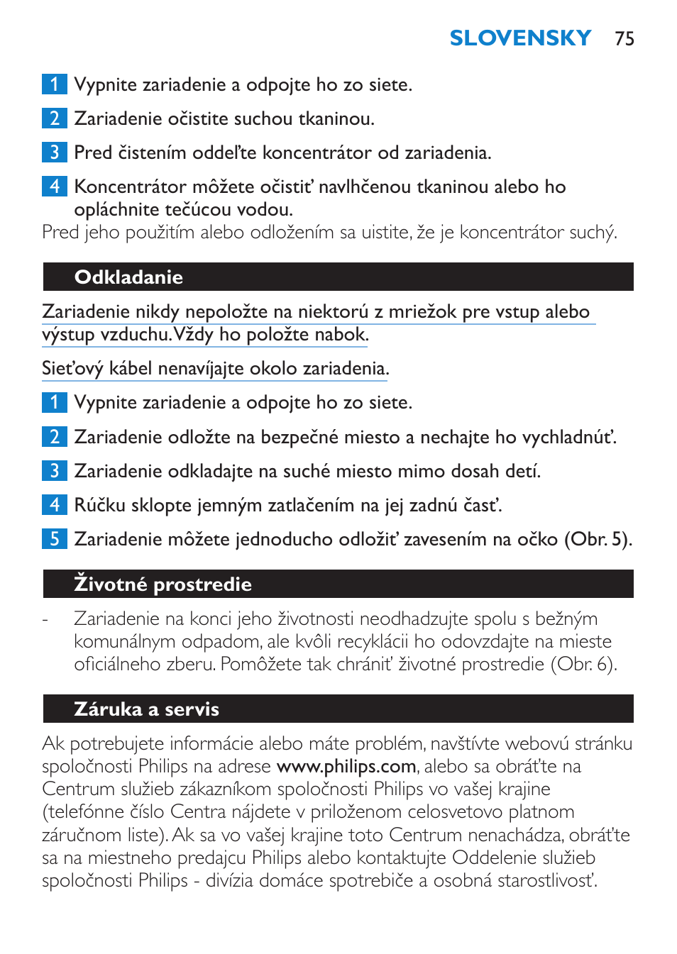 Odkladanie, Životné prostredie, Záruka a servis | Philips HP 4940 User Manual | Page 75 / 96