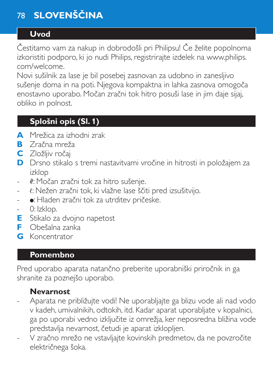 Nevarnost, Slovenščina, Uvod | Splošni opis (sl. 1), Pomembno | Philips HP 4940 User Manual | Page 78 / 96