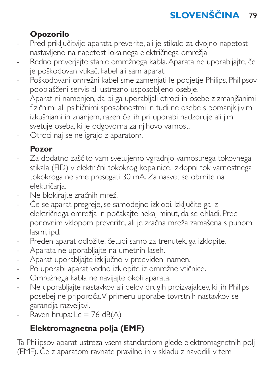 Opozorilo, Pozor, Elektromagnetna polja (emf) | Philips HP 4940 User Manual | Page 79 / 96