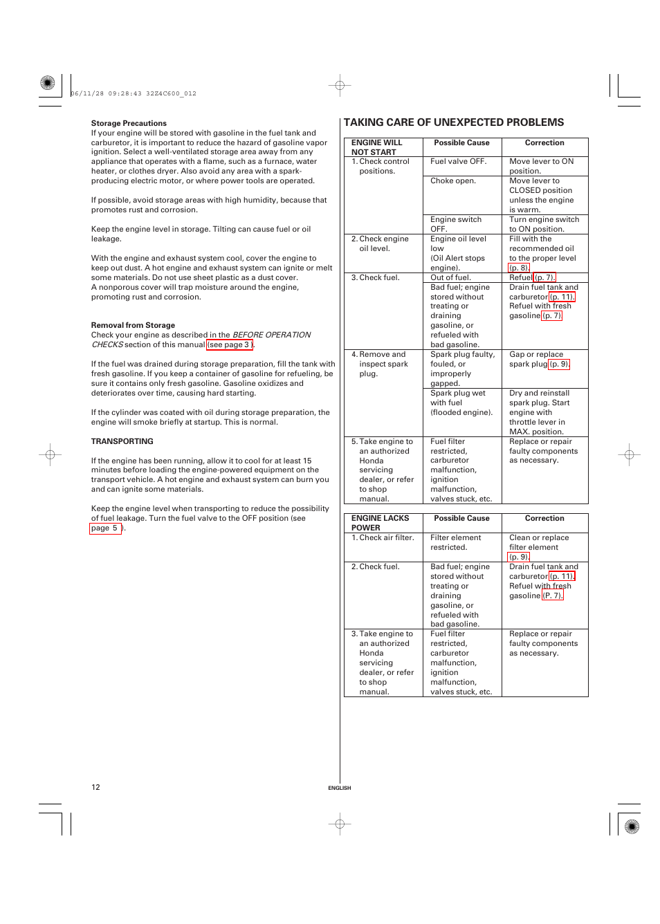 Transporting, Taking care of unexpected problems, Taking care of | Unexpected problems | HONDA GXH50 User Manual | Page 12 / 48