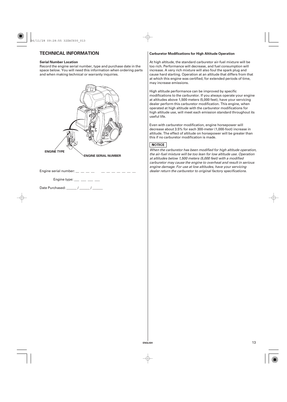 Technical & consumer information, Technical information, Serial number location | Technical information .13 | HONDA GXH50 User Manual | Page 13 / 48