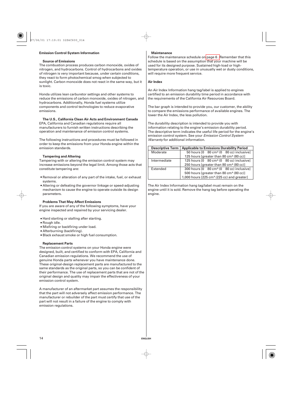 Emission control system information, Air index | HONDA GXH50 User Manual | Page 14 / 48