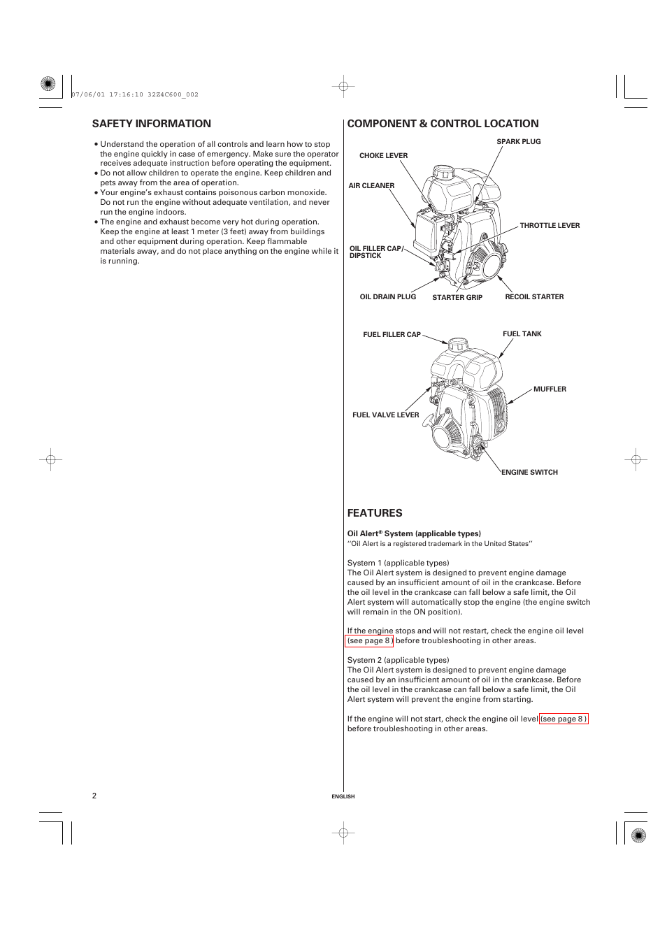 Safety information, Safety label location, Component and control location | Features, Oil alert® system (applicable types, Component & control, Location, Before operation, Checks | HONDA GXH50 User Manual | Page 2 / 48