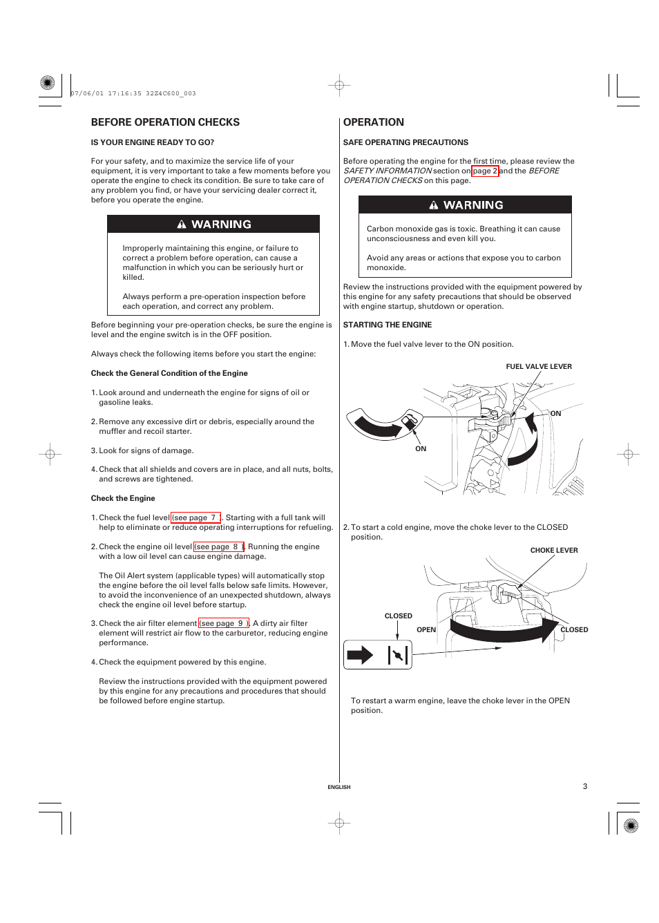 Before operation checks, Is your engine ready to go, Operation | Safe operating precautions, Starting the engine, Safe operating, Precautions, Before operation checks operation | HONDA GXH50 User Manual | Page 3 / 48