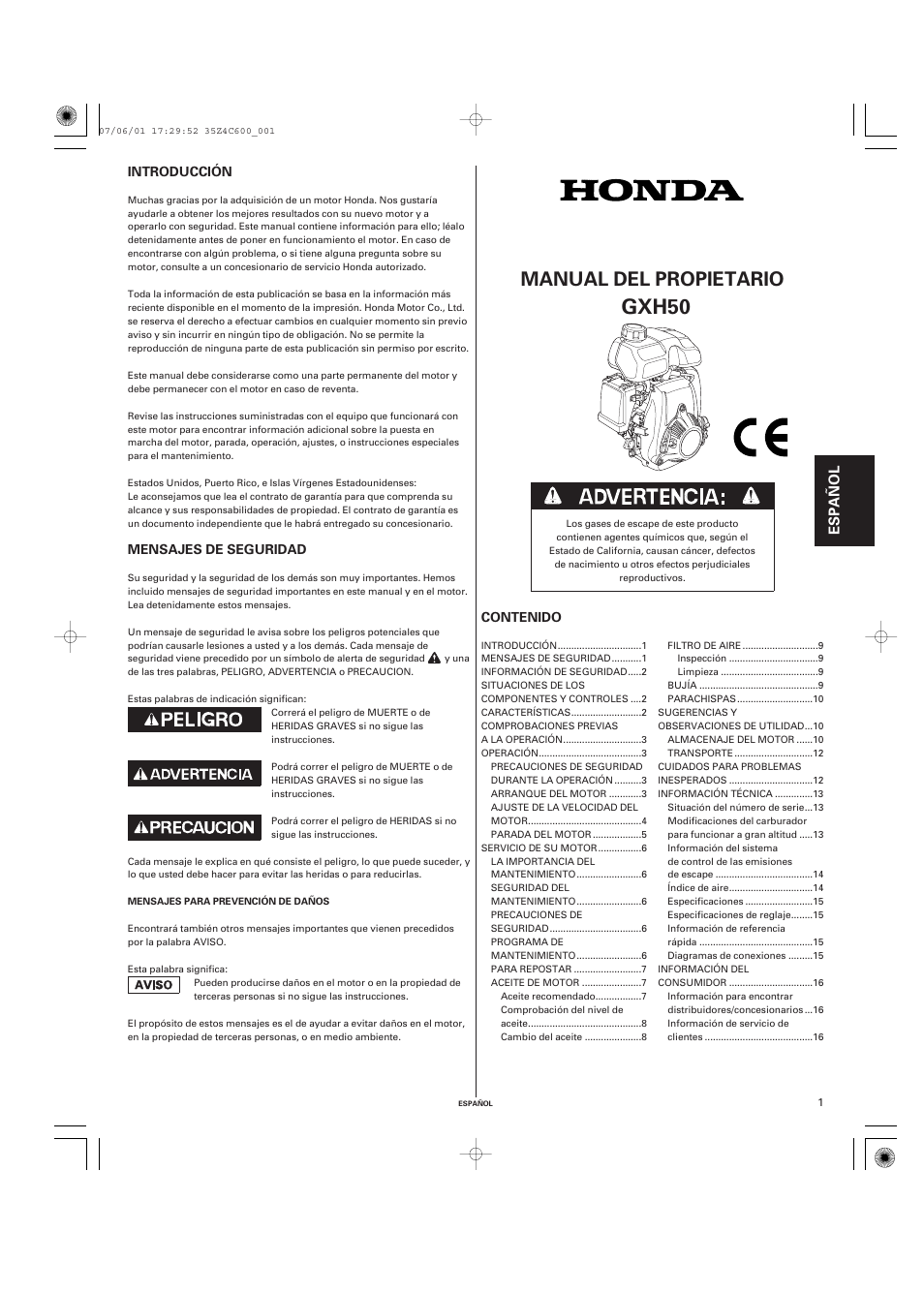 Español, Gxh50, Manual del propietario | HONDA GXH50 User Manual | Page 33 / 48