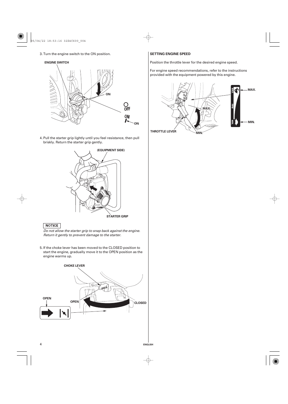 Setting engine speed | HONDA GXH50 User Manual | Page 4 / 48