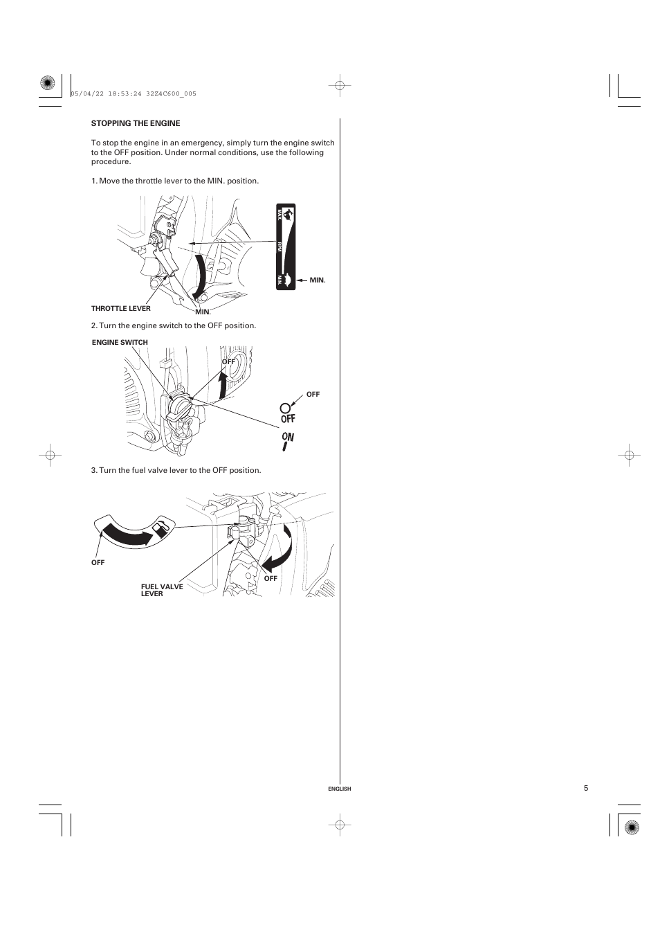 Stopping the engine | HONDA GXH50 User Manual | Page 5 / 48