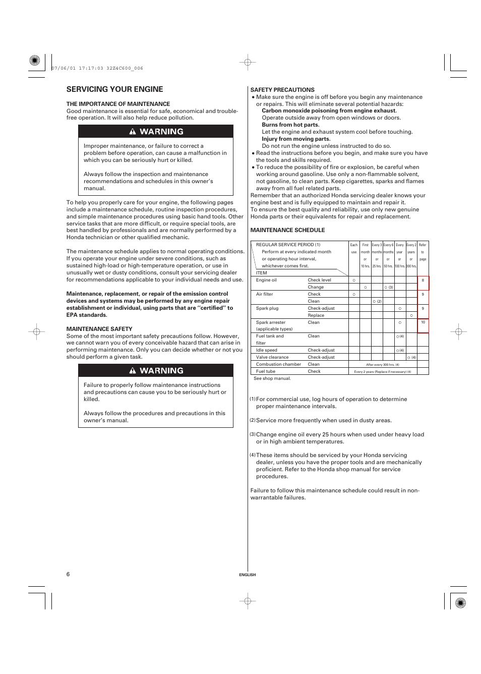 Servicing your engine, The importance of maintenance, Maintenance safety | Safety precautions, Maintenance schedule, Maintenance | HONDA GXH50 User Manual | Page 6 / 48