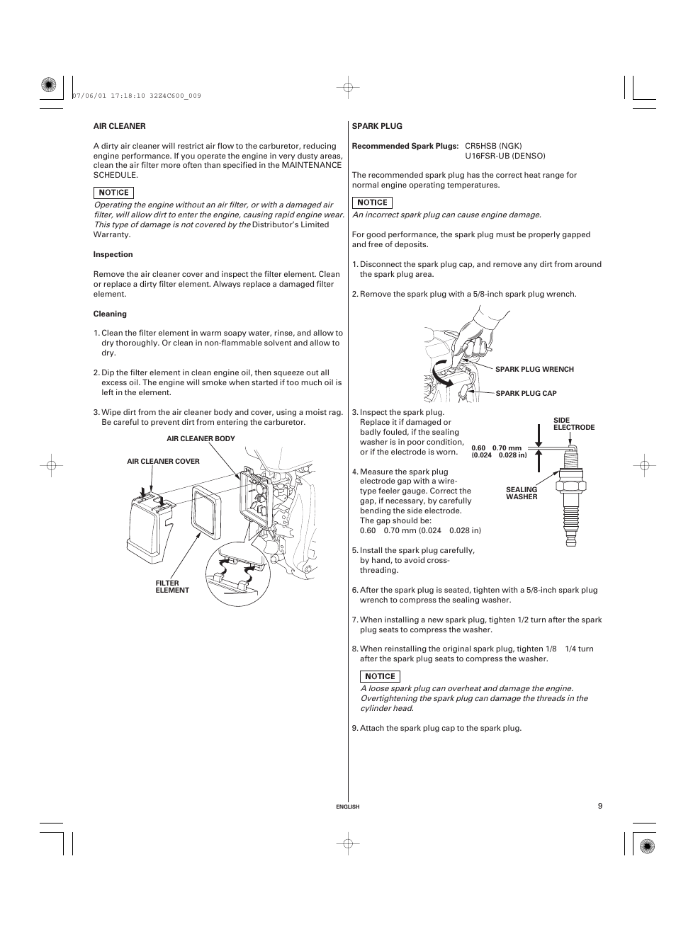 Air cleaner, Spark plug | HONDA GXH50 User Manual | Page 9 / 48