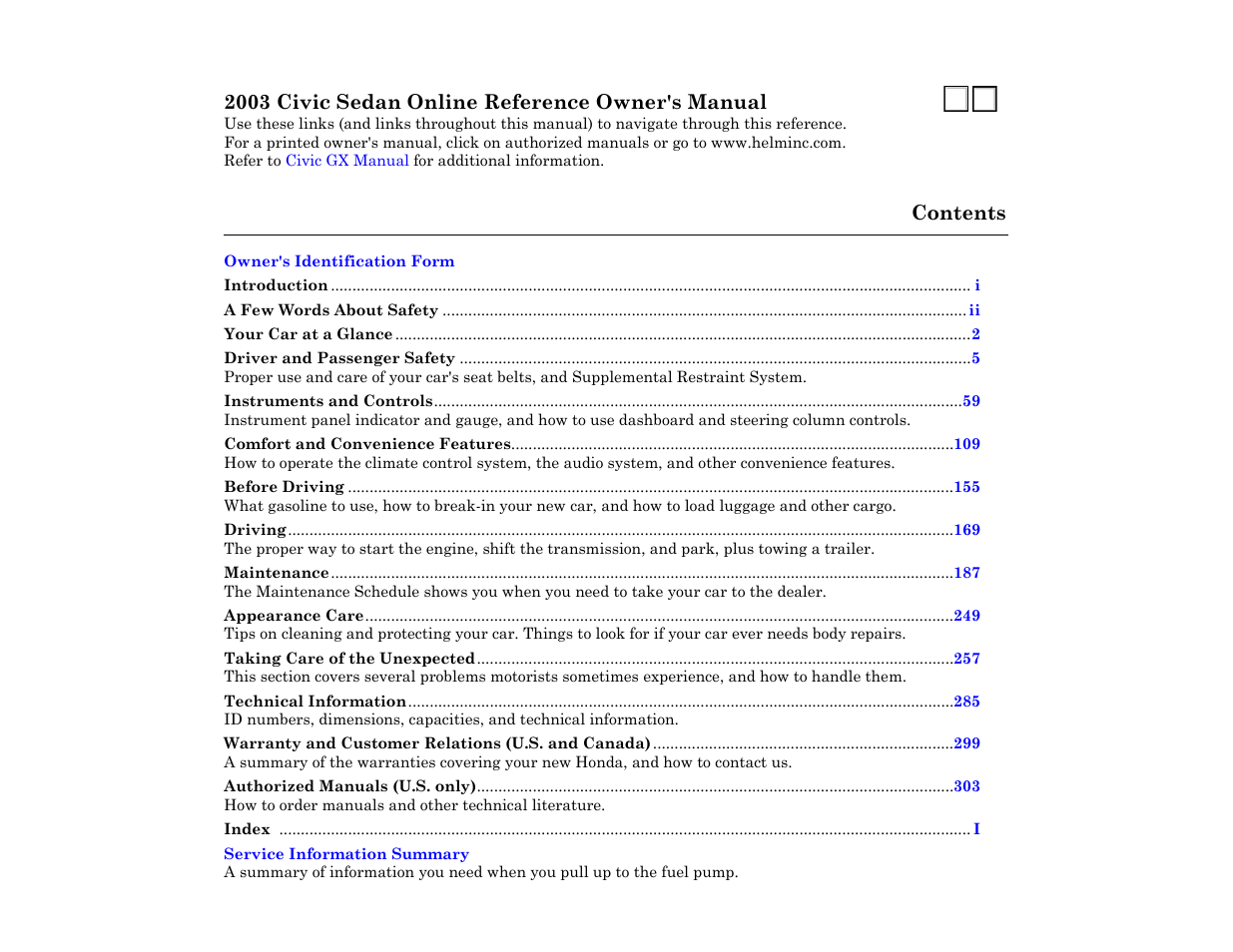 HONDA 2003 Civic Sedan User Manual | 1 page