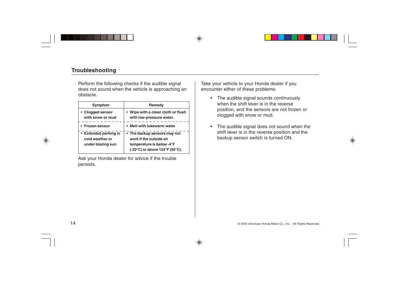 HONDA Backup Sensors 08V67-SHJ-1000-81 User Manual | Page 14 / 16