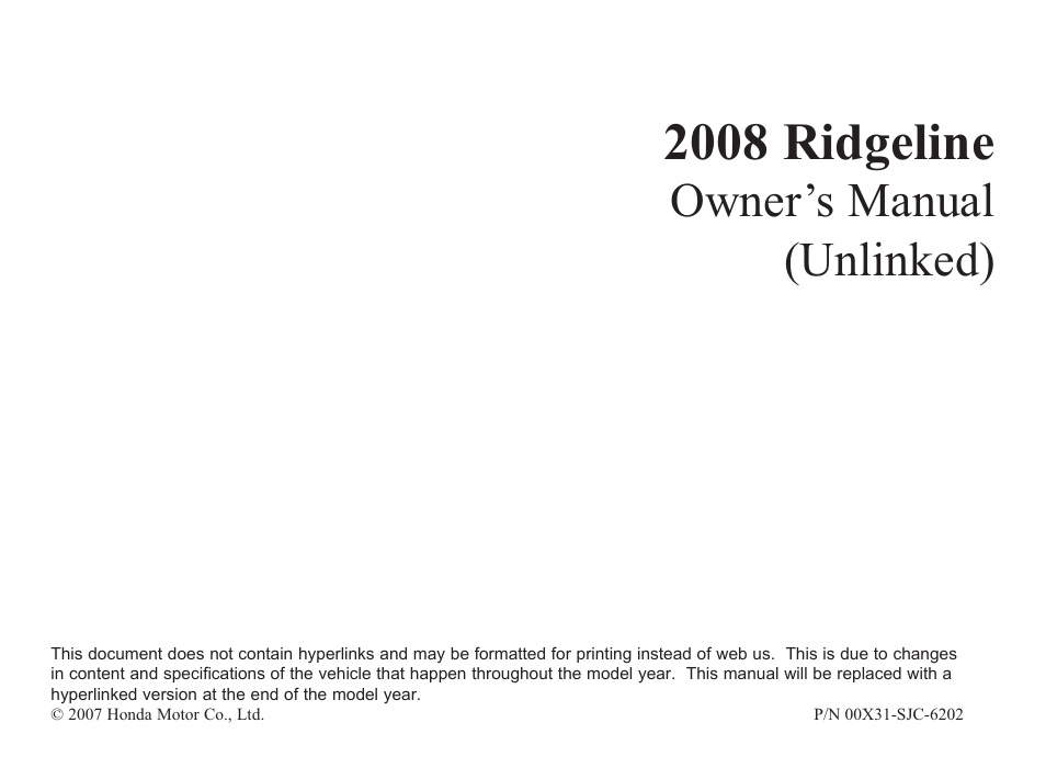 HONDA 2008 Ridgeline User Manual | 342 pages