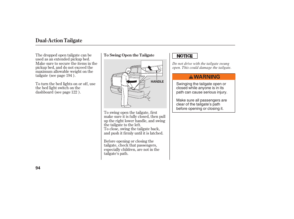 Dual-action tailgate | HONDA 2008 Ridgeline User Manual | Page 100 / 342