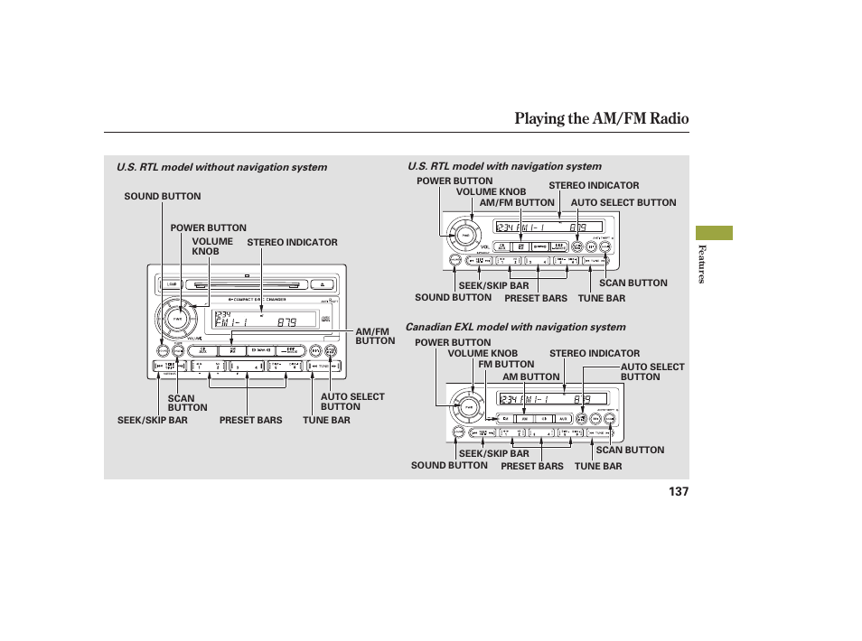 Playing the am/fm radio | HONDA 2008 Ridgeline User Manual | Page 143 / 342