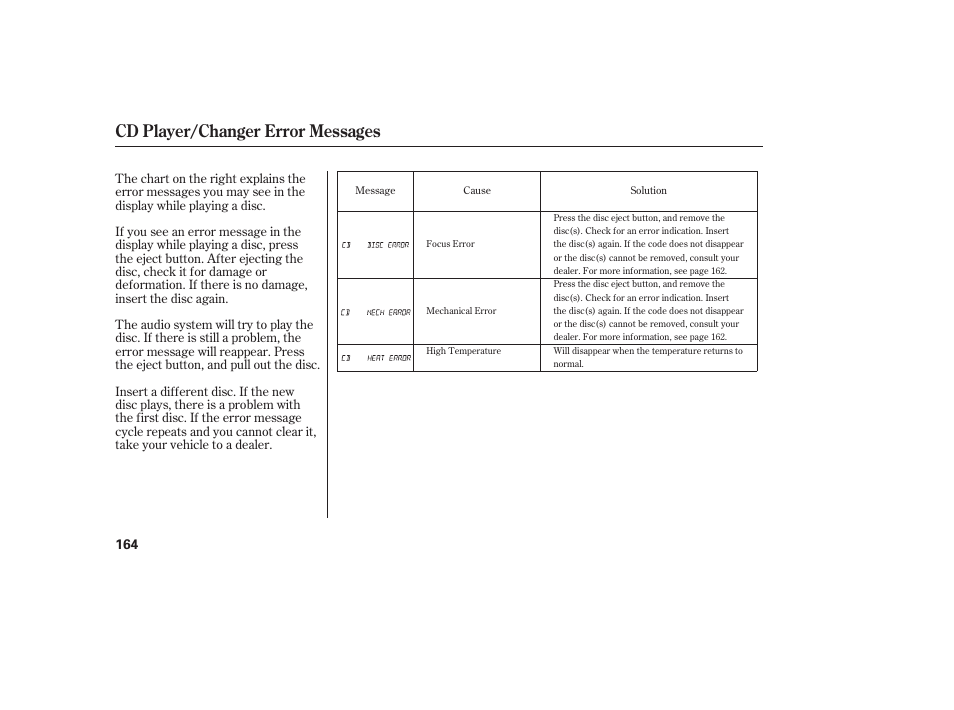 Cd player/changer error messages | HONDA 2008 Ridgeline User Manual | Page 170 / 342