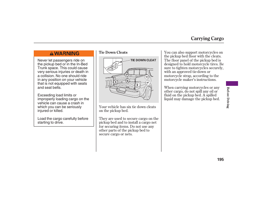 Carrying cargo | HONDA 2008 Ridgeline User Manual | Page 201 / 342