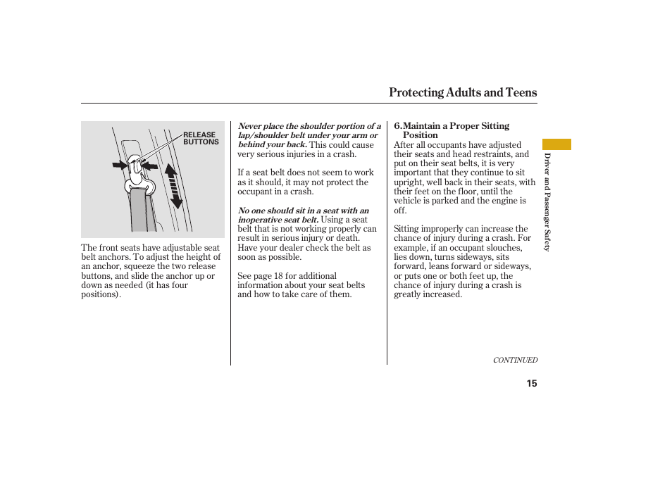 Protecting adults and teens | HONDA 2008 Ridgeline User Manual | Page 21 / 342