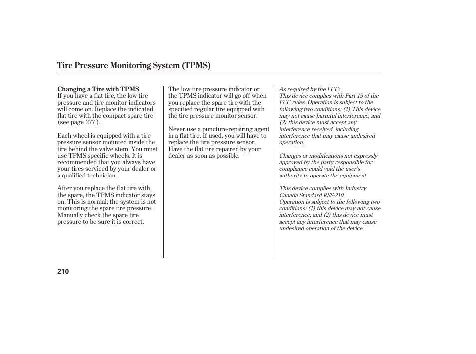 Tire pressure monitoring system (tpms) | HONDA 2008 Ridgeline User Manual | Page 216 / 342