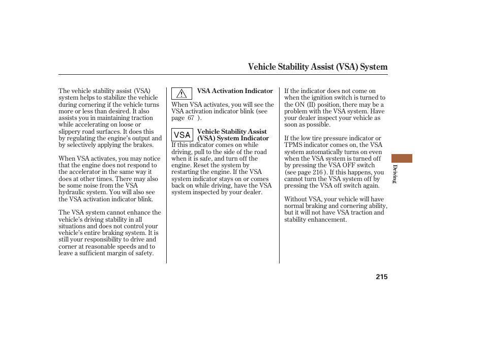 Vehicle stability assist (vsa) system | HONDA 2008 Ridgeline User Manual | Page 221 / 342