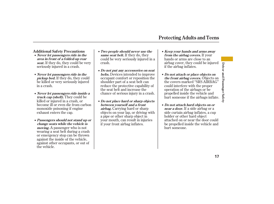 Protecting adults and teens | HONDA 2008 Ridgeline User Manual | Page 23 / 342