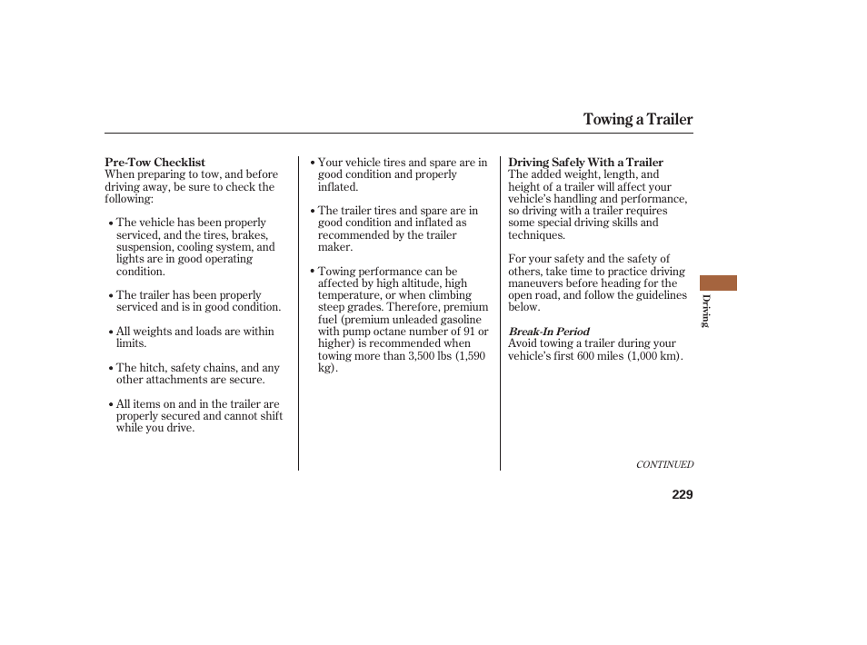 Towing a trailer | HONDA 2008 Ridgeline User Manual | Page 235 / 342