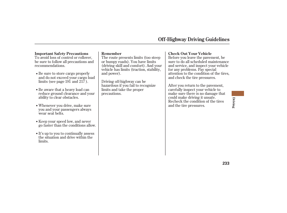 Off-highway driving guidelines | HONDA 2008 Ridgeline User Manual | Page 239 / 342