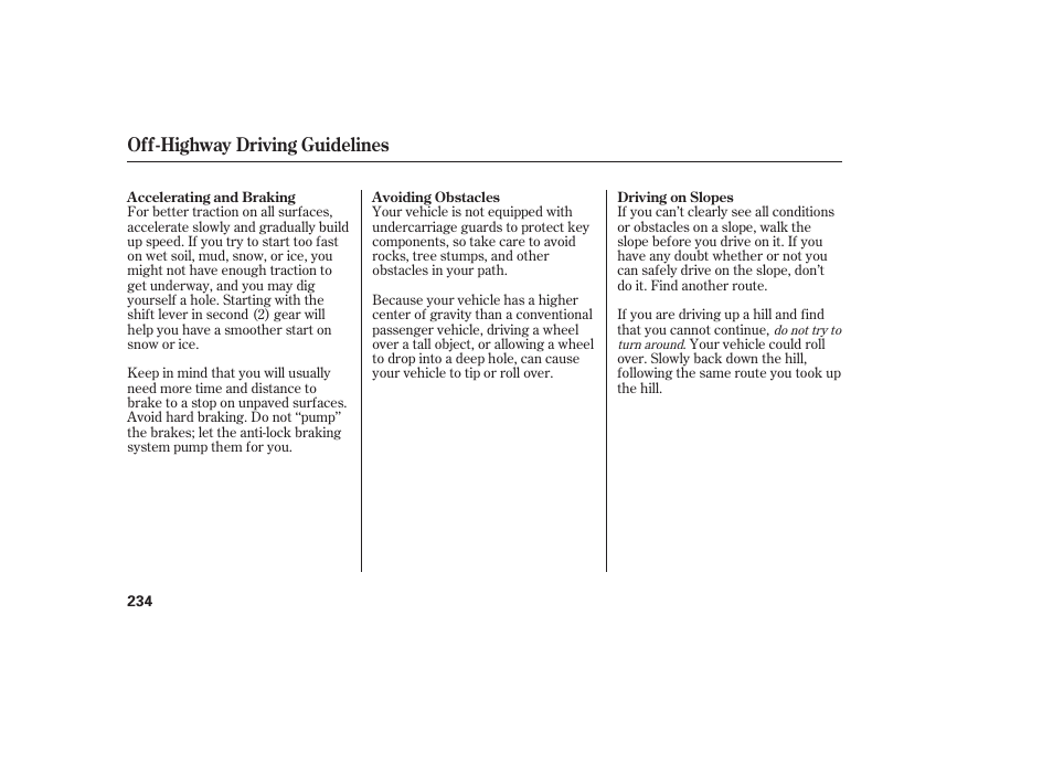 Off-highway driving guidelines | HONDA 2008 Ridgeline User Manual | Page 240 / 342