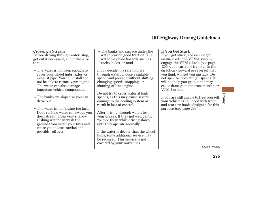 Off-highway driving guidelines | HONDA 2008 Ridgeline User Manual | Page 241 / 342