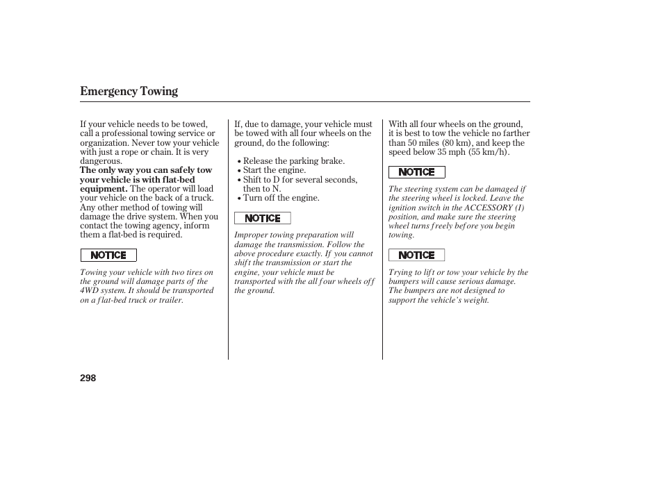 Emergency towing | HONDA 2008 Ridgeline User Manual | Page 304 / 342