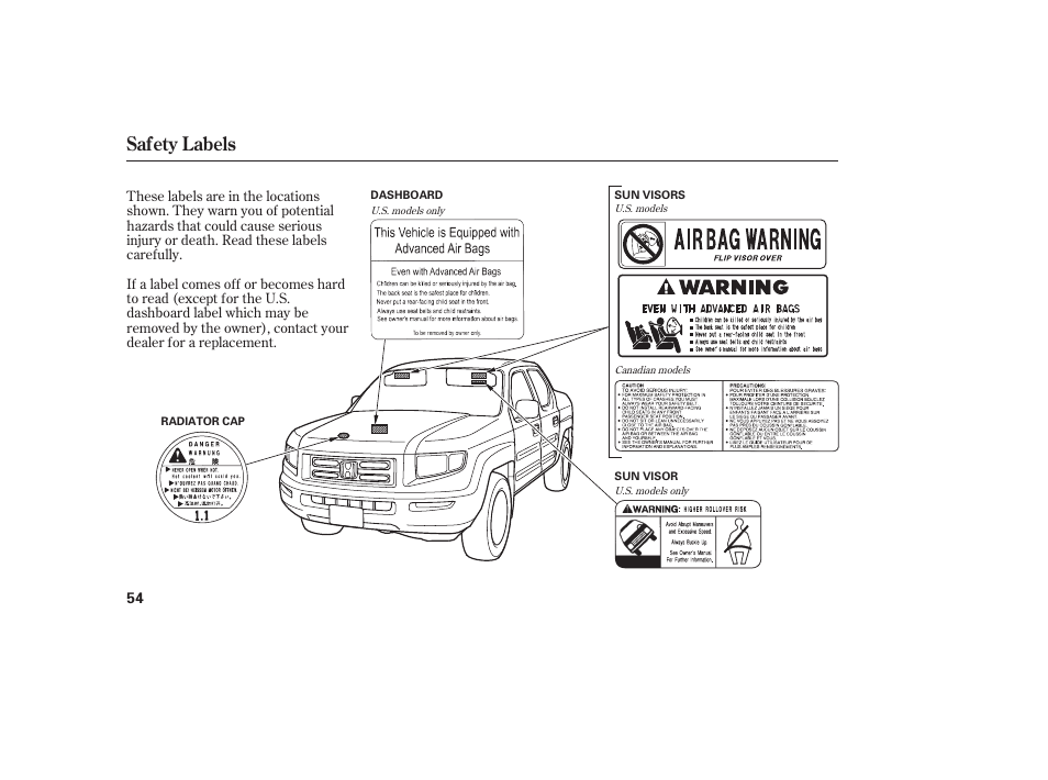 Safety labels | HONDA 2008 Ridgeline User Manual | Page 60 / 342